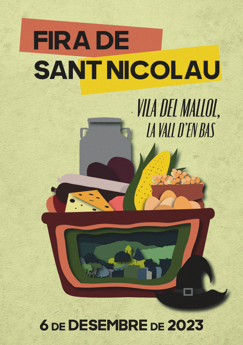 Cartell de la fira de Sant Nicolau amb uns dibuixos de productes d'alimentació com llet, blat de moro, formatge, ous... en un cistell que té dibuixada la vila del Mallol, al costat el barret d'una bruixa.